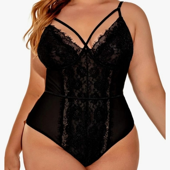 4xl Sexy One Piece Lace Teddy Bodycon Black Eyelash Sheer as NWOT - Picture 3 of 6